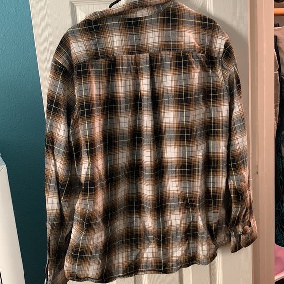 brown, black, white and yellow plaid long sleeve button down - Picture 2 of 2